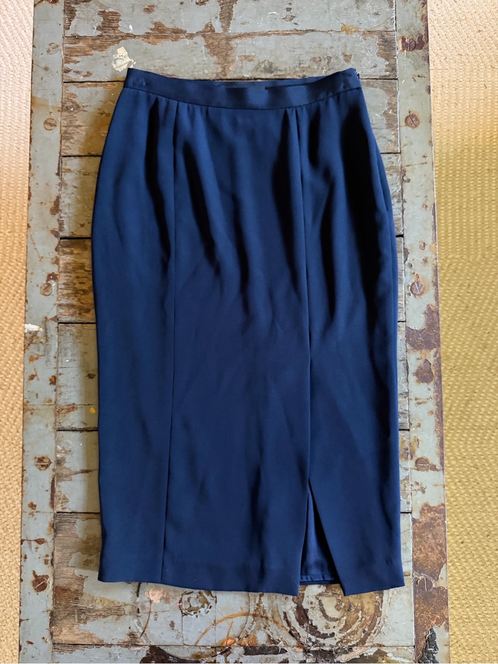 NWOT Valentina Kova Women's Navy Silk Midi Pencil Skirt with Front Slit